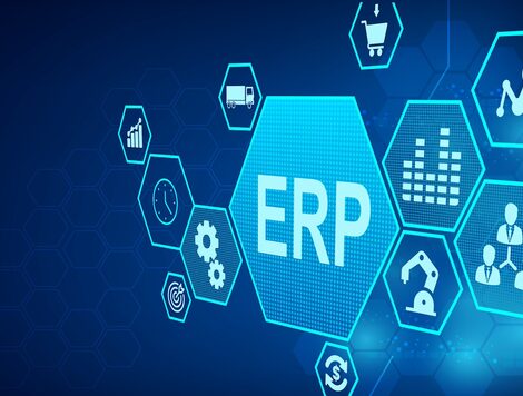 A graphic of connected blue hexagonal icons, with the largest one in the middle reading "ERP" is large white letters