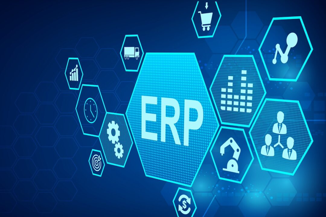 A graphic of connected blue hexagonal icons, with the largest one in the middle reading "ERP" is large white letters